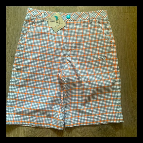 Puma Boys Golf Shorts Plaid Grey White Orange Sz L Slash Pockets Moisture Mngmt - Picture 1 of 3